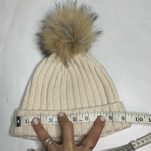 J Crew Cream Ribbed Knit Cream beanie with faux-fur pom-pom Hat - Picture 8 of 8